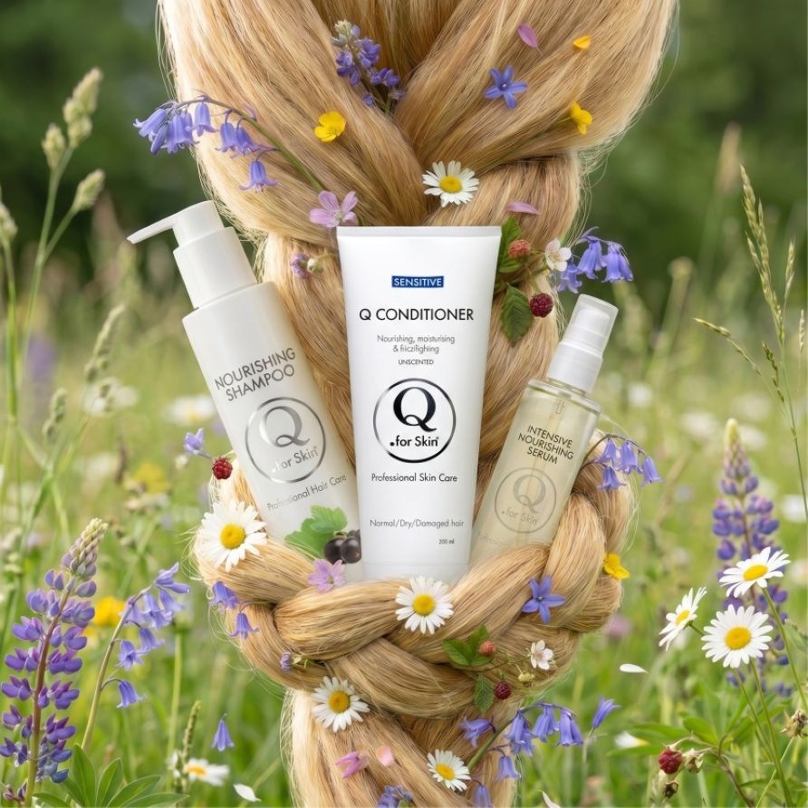 Tre h�rplejeprodukter fra Q for Skin � Nourishing Shampoo, Q Conditioner og Intensive Nourishing Serum � omgivet af vilde blomster i et flettet blondt h�r.