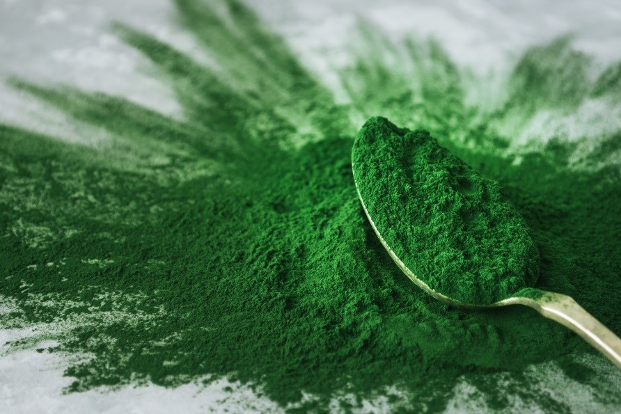 En skefuld chlorella med sin intense, grønne farve, spredt ud på hvidt bord