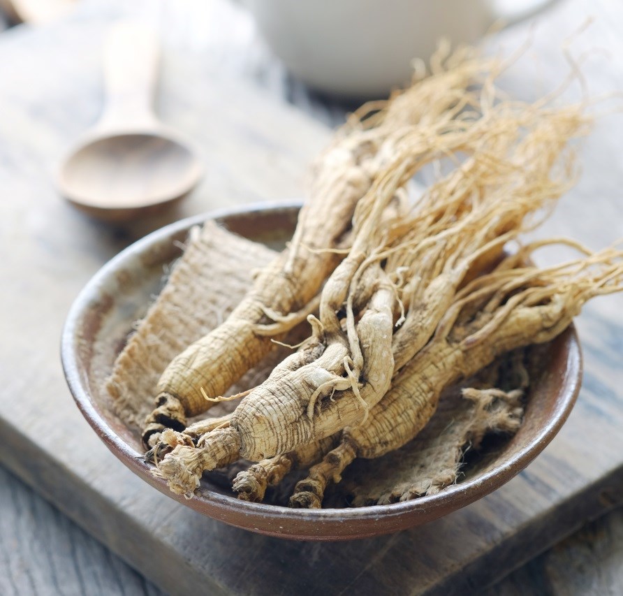 Ginseng rdder der ligger i en skl p et bord.